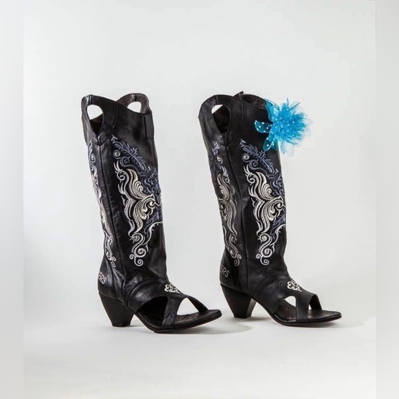 Chickickers Boots Sz 8 Black Leather Embroidered Floral Open Toe Western - Picture 1 of 16